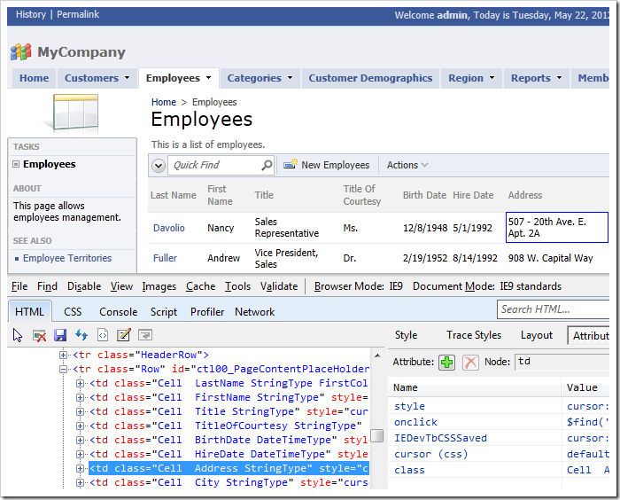 Select the first cell underneath the Address column on the Employees page of the Code On Time web application.