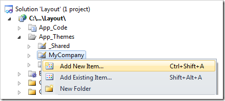 In the Solution Explorer, right-click on the ~/App_Themes/MyCompany folder and click on Add New Item option. 