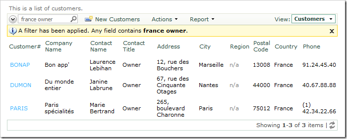 Search results for 'France owner' in Customers grid view