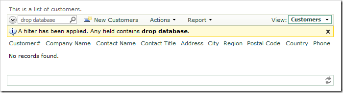 SQL injection attack by searching for 'drop database' is ineffective
