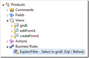 'Named' business rule select in Project Explorer heirarchy of a web app created with Code On Time application generator