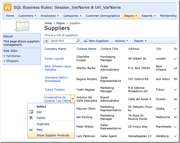 The active context menu with a custom SQL action 'Show Supplier Products'