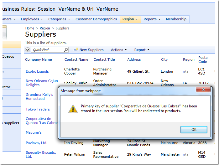The browser alert message created by SQL action 'a100 – SQL | Show Supplier Products'