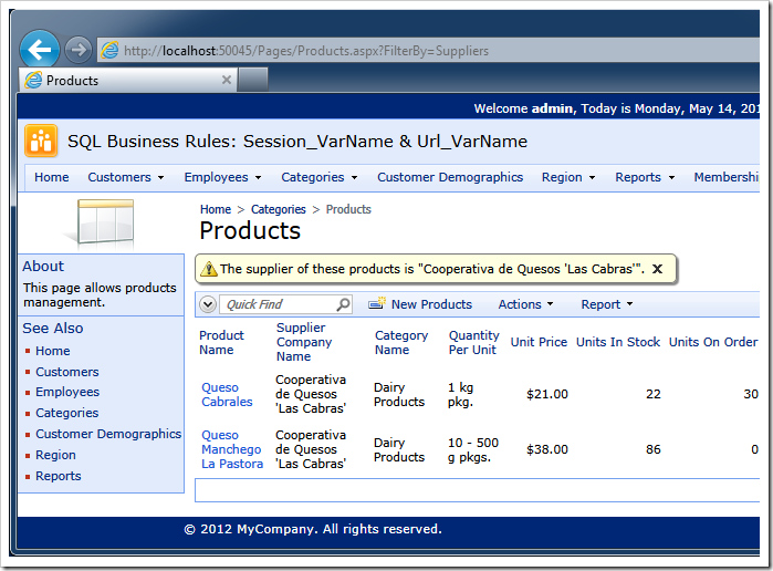 The view message displayed by SQL Business Rule 'ExplainFilter'