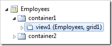 'View1' data view on Employees page in Code On Time Project Explorer.