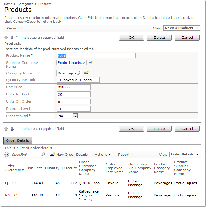 Products edit form with action buttons both above and below the form.