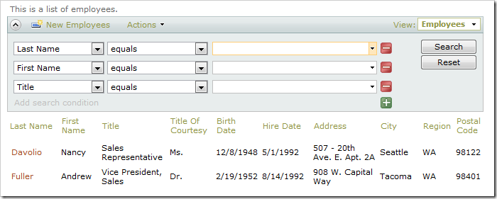 Employee grid view with Advanced Search Bar activated.