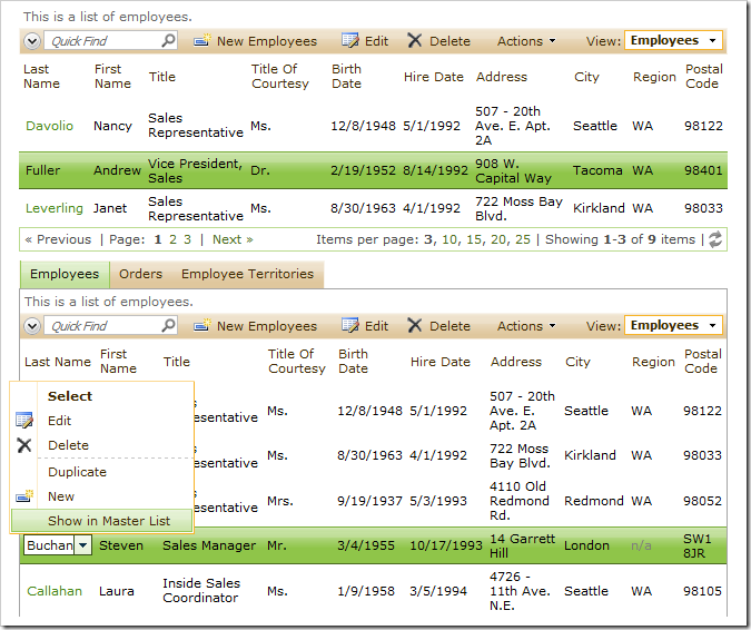 Fuller employee selected in the master Employees data view. Context menu option 'Show in Master List' selected for Buchanan employee in the child data view.