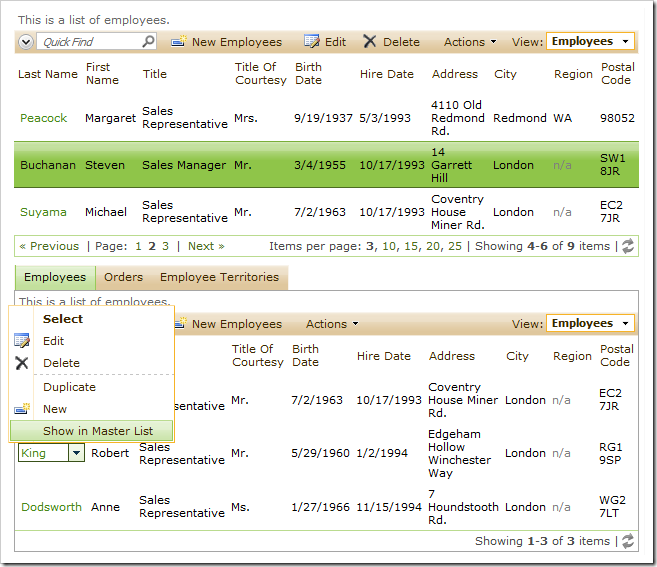 Buchanan focused in the master data view. 'Show in Master List' context menu option for employee King in the child data view.