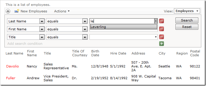 Entering 'le' in Last Name search field will find only one data row with a matching value in the Last Name column