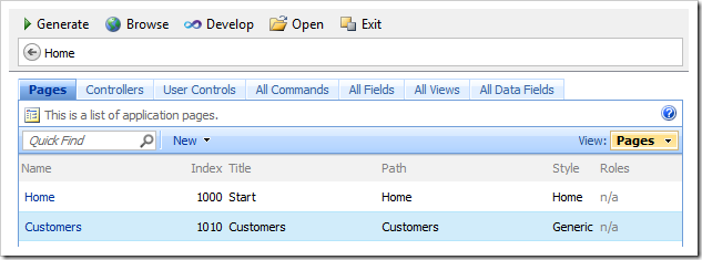 The Generate, Browse, Develop, Open, and Exit actions on the Project Browser toolbar.