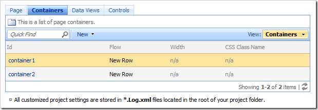 Tabs at the top of the view display available elements that belong to the selected element.