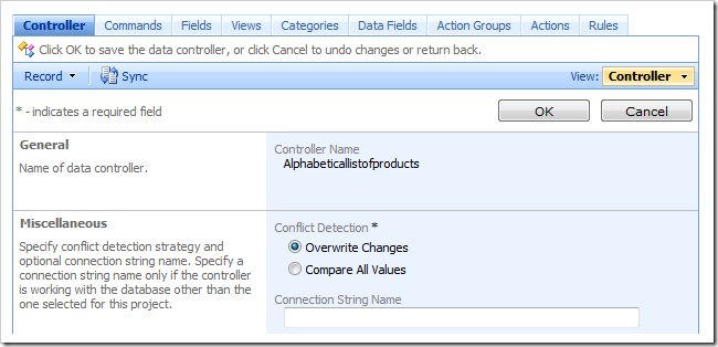 Properties form in Designer window for Controller