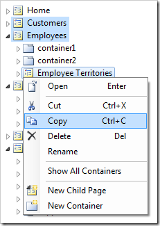 Context menu commands available for Pages project configuration element node.