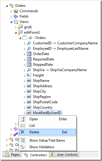 Delete ModifiedByUserID data fields from the edit form of Orders.