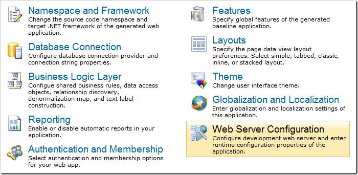 Web Server Configuration option on the Settings page of Code On Time web application generator.