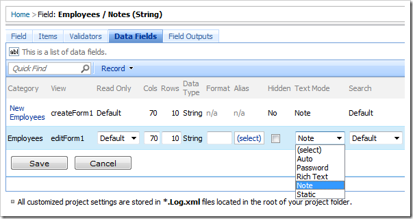 Notes data fields with '70' columns, '10' rows, and Text Mode of 'Note'.