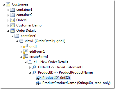 ProductID field from the Order Details controller in Project Explorer.