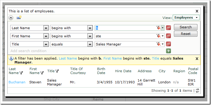 Sorting, filtering, Quick Find, Advanced Search are available in the lookup grid.