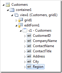 Region data field of Customers editform1 view in the Project Explorer.