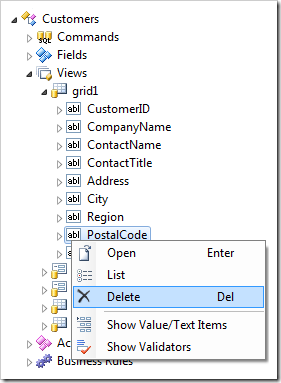 Delete the PostalCode data field from the 'grid1' view of Customers controller.