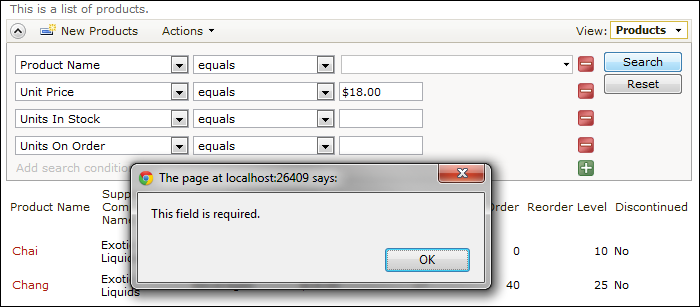 When a search is performed without a required search parameter, the user will be prompted to enter a parameter.