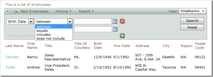 Birth Date search field showing search options of 'between', 'equals', 'includes', and 'does not include'.