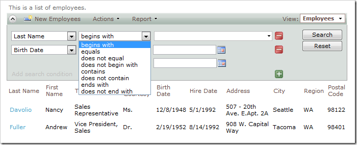 Last Name search field showing search option 'begins with' first. 