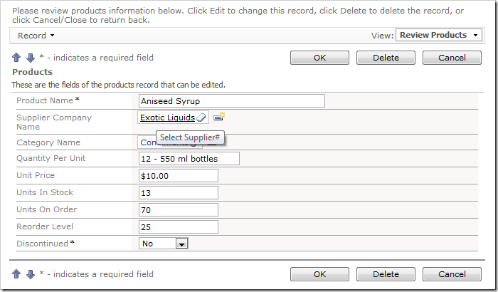 Data lookup field rendered as a link within a textbox.