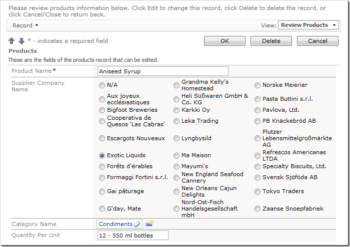 Data lookup rendered as a radio button list.