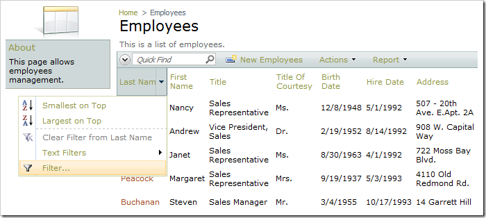 Last Name column header dropdown not displaying any filter samples.