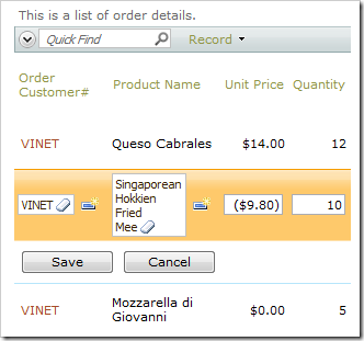 Unit Price field with default format string of 'c'.