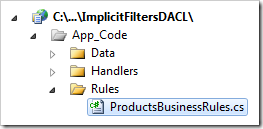 ProductsBusinessRules file in the Code On Time web application.