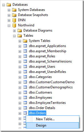 Design Orders table in Northwind database.