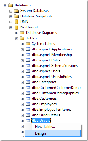 Design Orders table in the Northwind database using SQL Server Management Studio.
