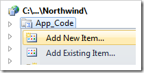 Add New Item to AppCode folder of your web application.