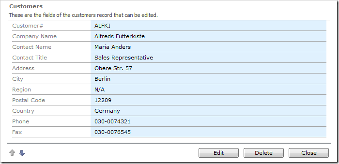 Standard editForm1 view of Customers.