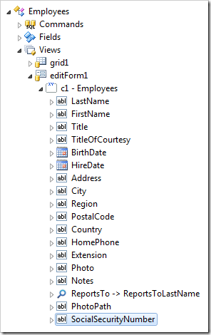 SocialSecurityNumber data field in editForm1 of Employees controller.