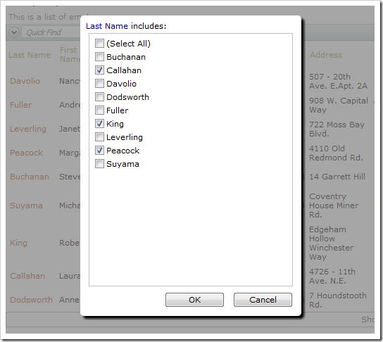 Multiple Values selected for filtering on the Last Name field.