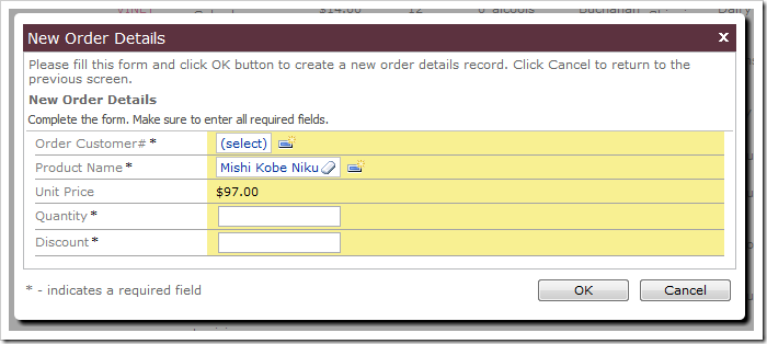 New Order Details screen with Unit Price copied from the Product.