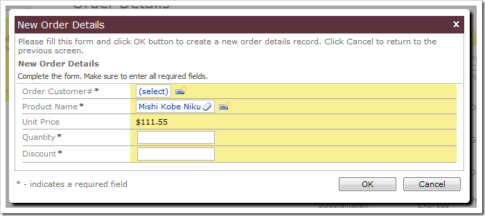 New Order Details screen with Unit Price calculated as 115% of Product UnitPrice.