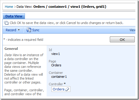 Data View property page with Sync button on the action bar.