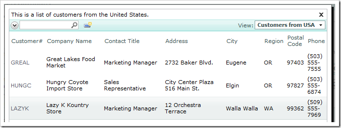 Customer Company Name lookup using the 'Customers from USA' view.