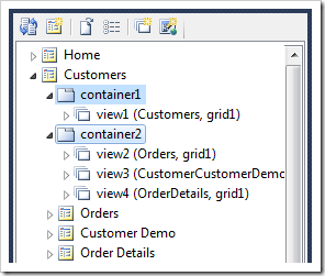 Customers page with container1 and container2.