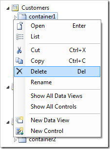 Context menu 'Delete' option for container1 on Customers page.