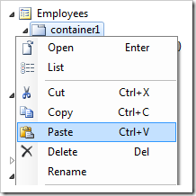 Paste context menu option for container1 on Employees page.