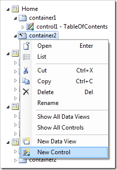 New Control option on the container context menu.