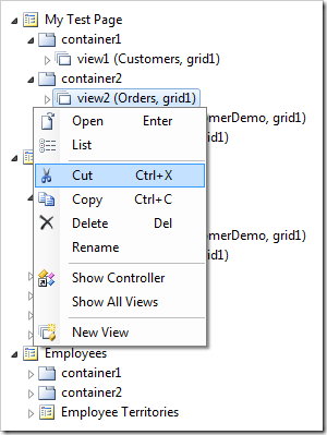 Cut context menu option for view2 data view.