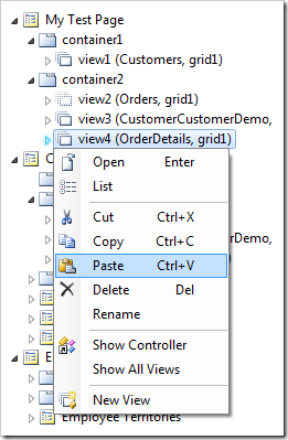 Paste context menu option for a data view.