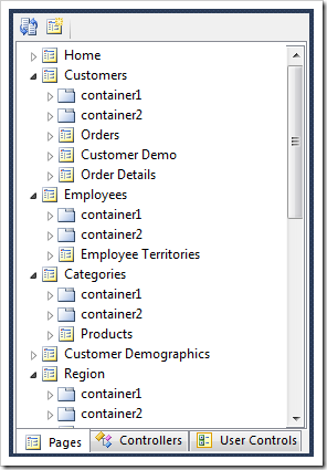 The Project Explorer displays a hierarchy of pages and page elements.